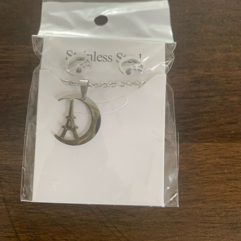 Silver Eiffel Tower Moon Necklace